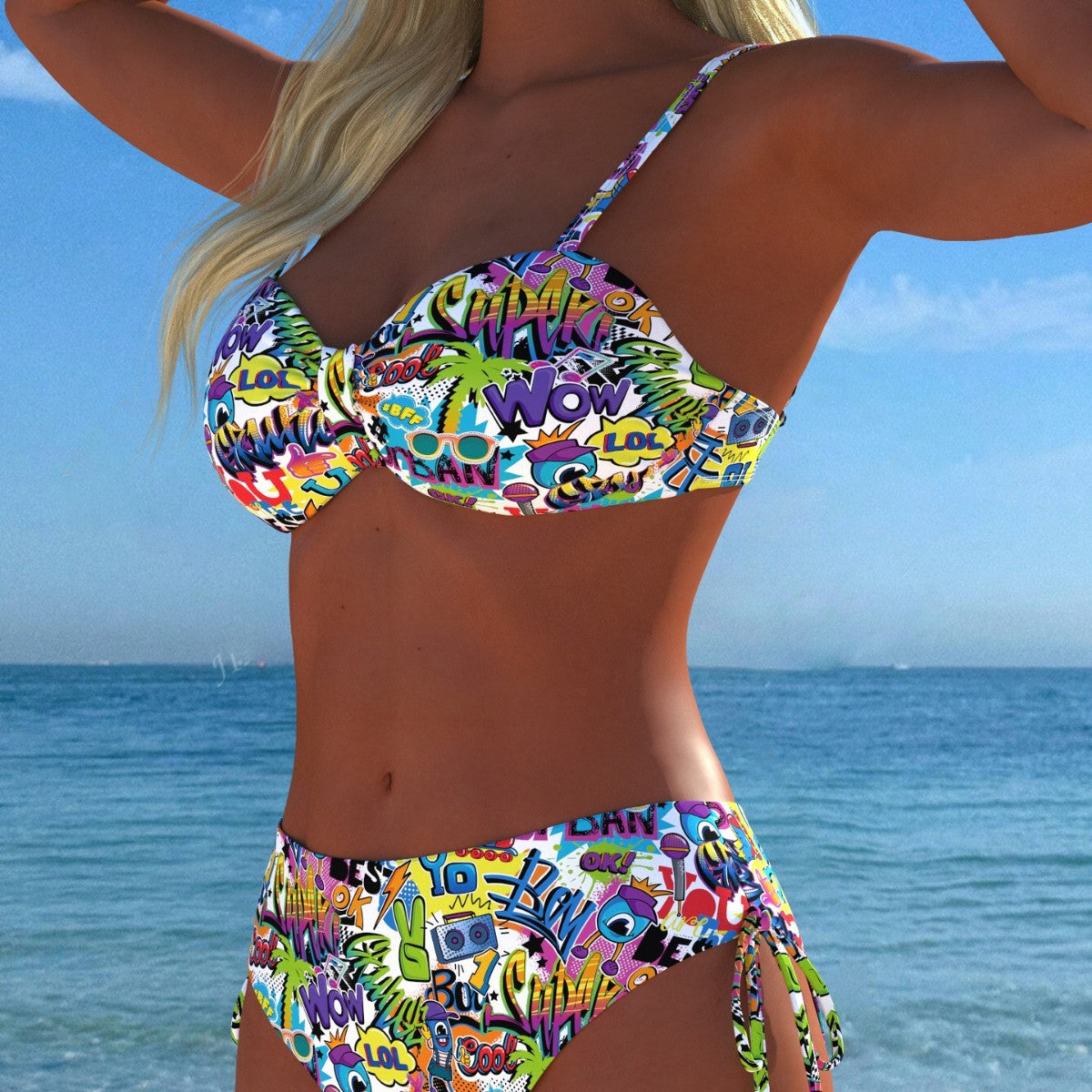 Damen Bandeau-Bikini mit hoch taillierten Höschen und lR&Bhaftem Paisleymuster R&B