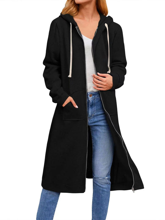 Damen Long Hoodie-Jacke aus bequemen Sweatmaterial mit Taschen R&B