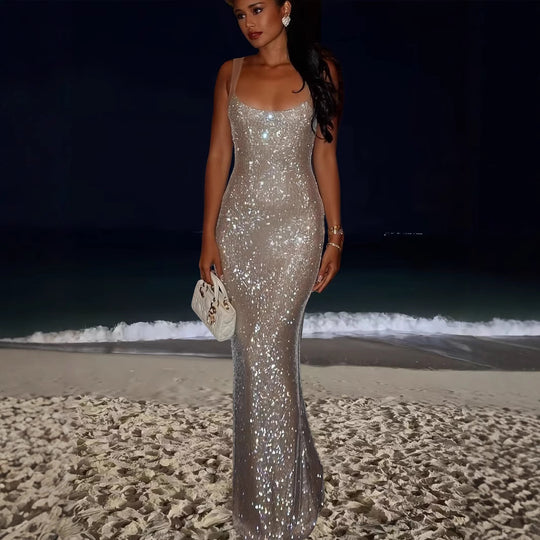 Damen Elegantes Pailletten Maxikleid mit tiefem Rundhalsausschnitt und figurformendem Schnitt R&B