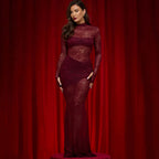 Damen Spitzenmaxikleid mit transparentem Langarmdesign und figurformendem Schnitt R&B