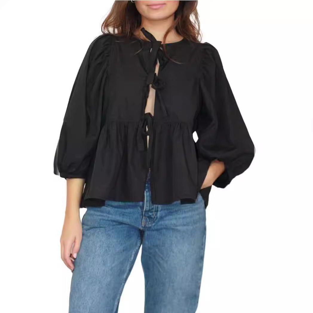 Damen elegante Bluse mit Rüschendetails und Bindeband R&B