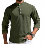 Herren nan strukturiertes Langarm-Henley mit Nehru-Kragen und Ton-in-Ton-Knopfleiste R&B