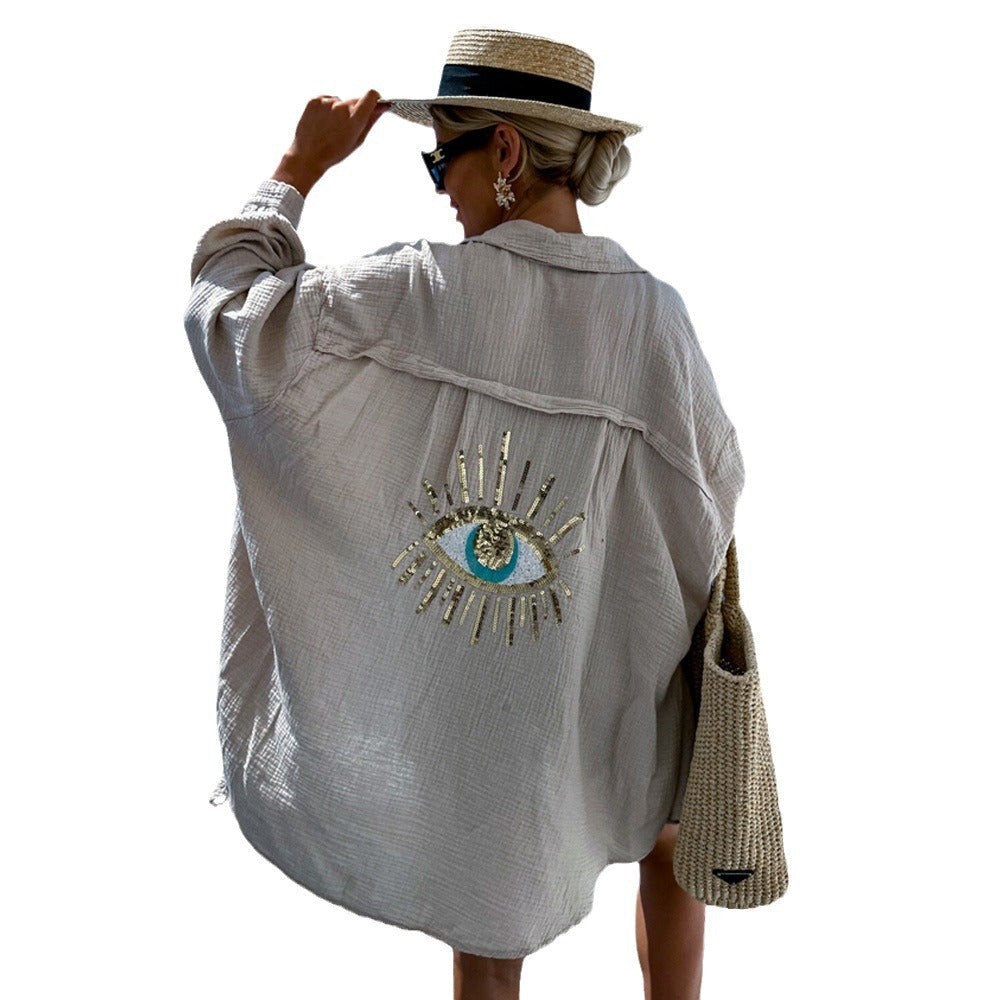 Damen luftige Strandbluse mit glänzendem Eye-Design R&B