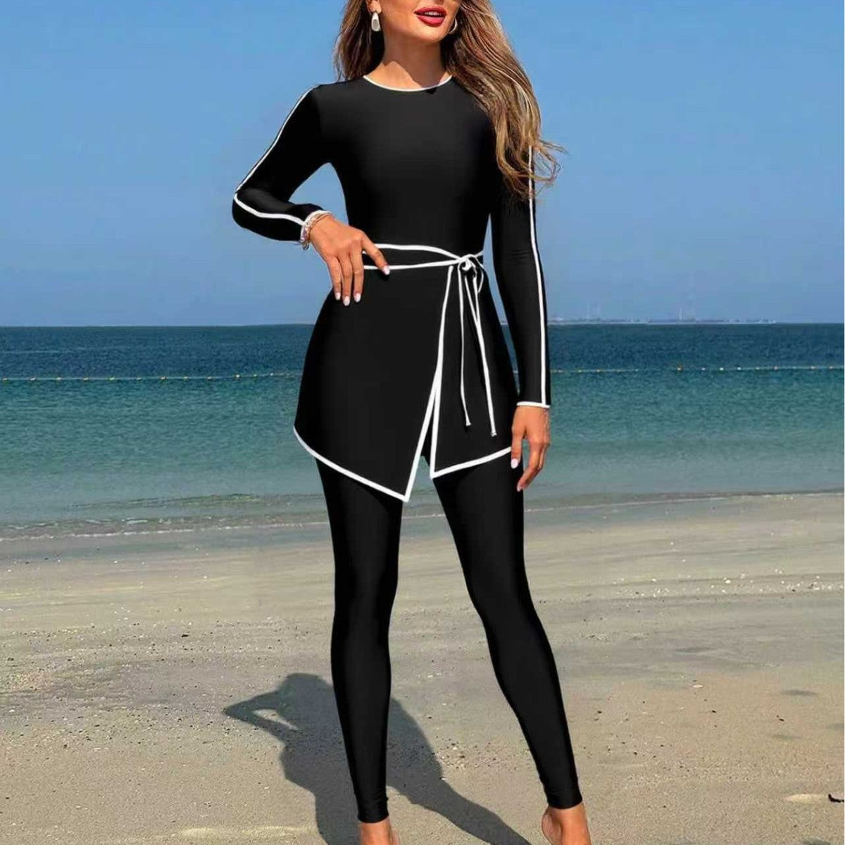 Damen modischer Langarm-Schwimmanzug mit Wickelrock R&B