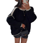 Damen Grobstrickpullover mit kontrastierendem Abschluss und lockerem Schnitt R&B