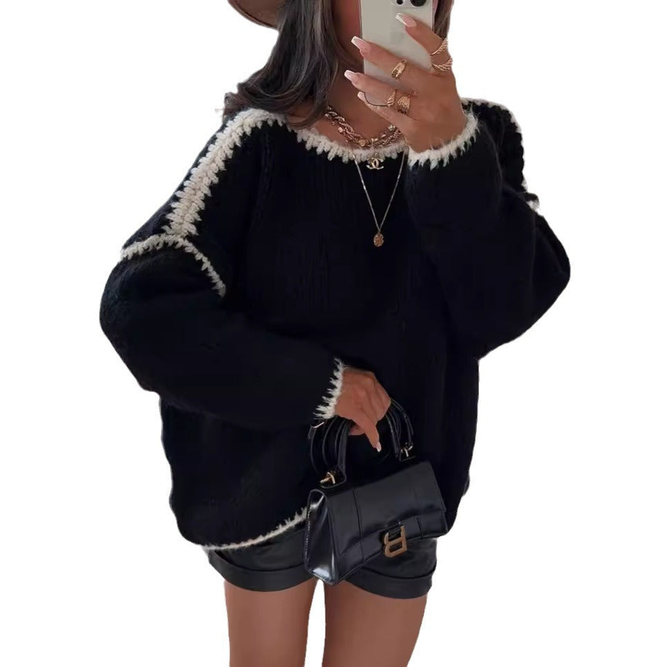 Damen Grobstrickpullover mit kontrastierendem Abschluss und lockerem Schnitt R&B