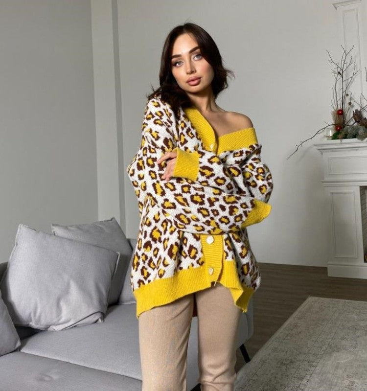 Damen Off-Shoulder Strickpullover im trendigen Leopardenmuster R&B