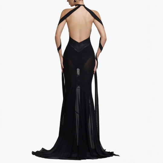 Damen Glamouröses Langarmkleid mit transparenten Einsätzen und raffinierten Drapierungen R&B