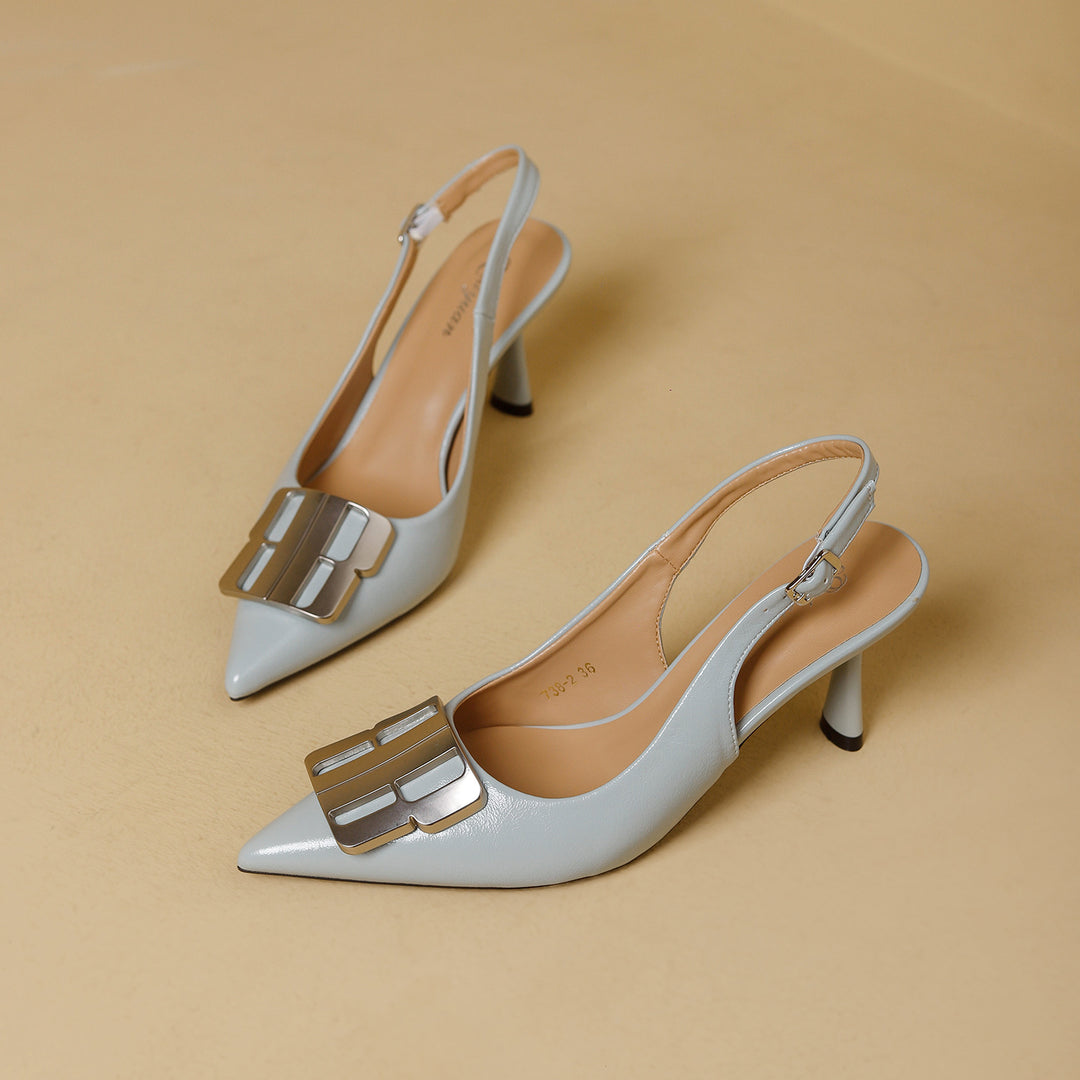 Damen Slingback-Mules mit eleganter Spitzenform und glänzender Schnallenapplikation R&B