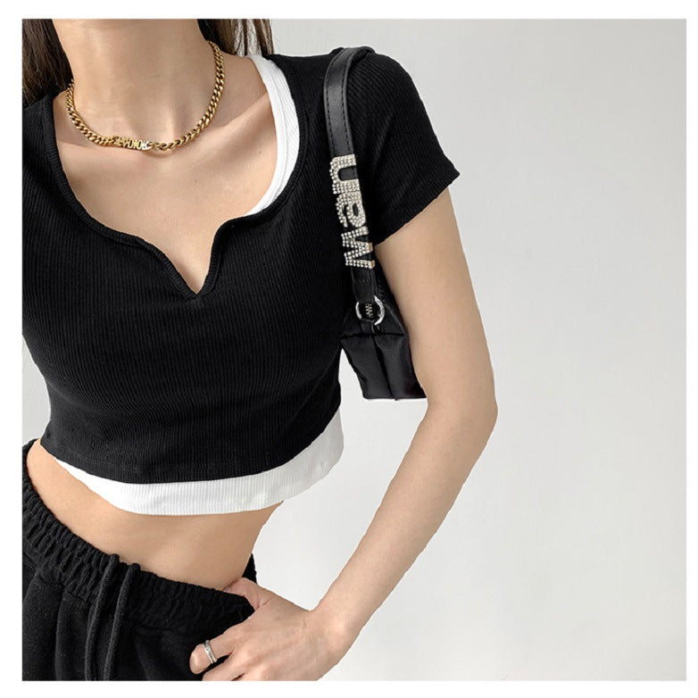 Damen lässiges cropped Oberteil mit modischem V-Ausschnitt und Textur