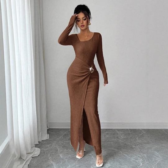 Damen nan figurbetontes Maxikleid aus geripptem Strick mit Wickeldetail und Schlitz R&B