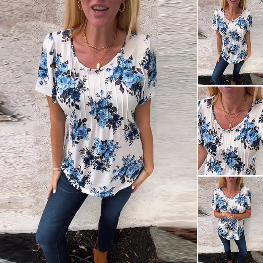 Damen nan Kurzarmbluse mit Kellerfalten, Rundhalsausschnitt und floralem Allover-Print R&B