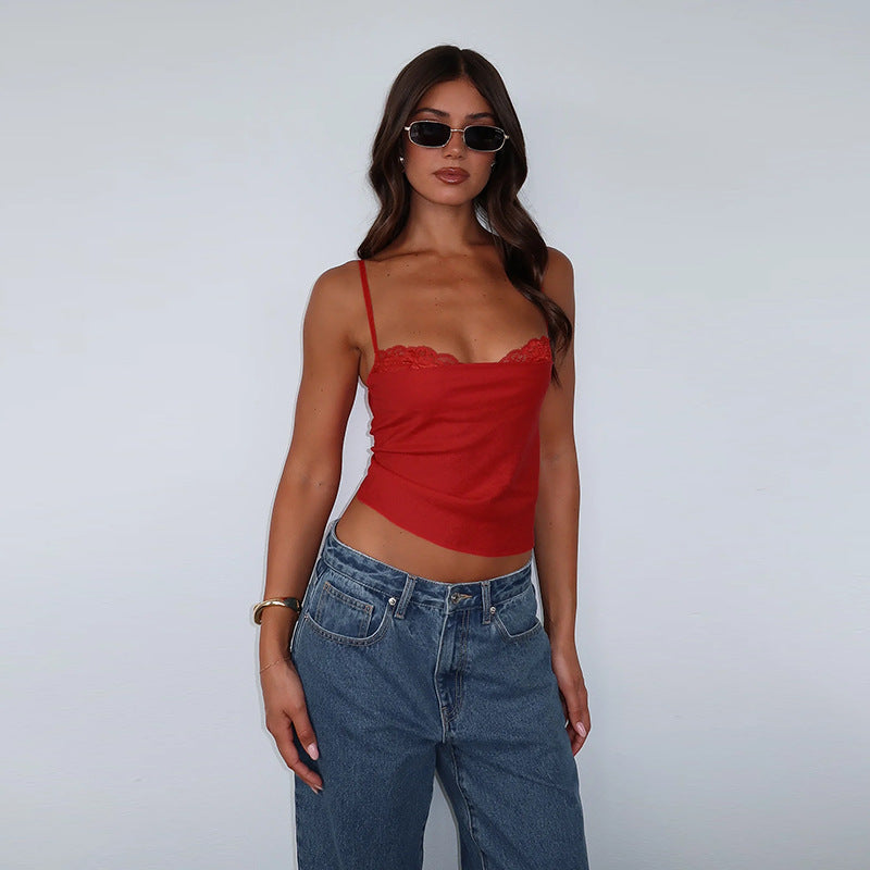 Damen elegantes Spaghetti-Top mit feinem Spitzenbesatz R&B