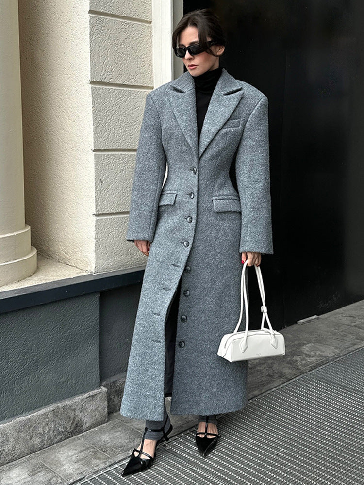 Damen eleganter Wollmantel mit strukturiertem Design und praktischen Taschen R&B