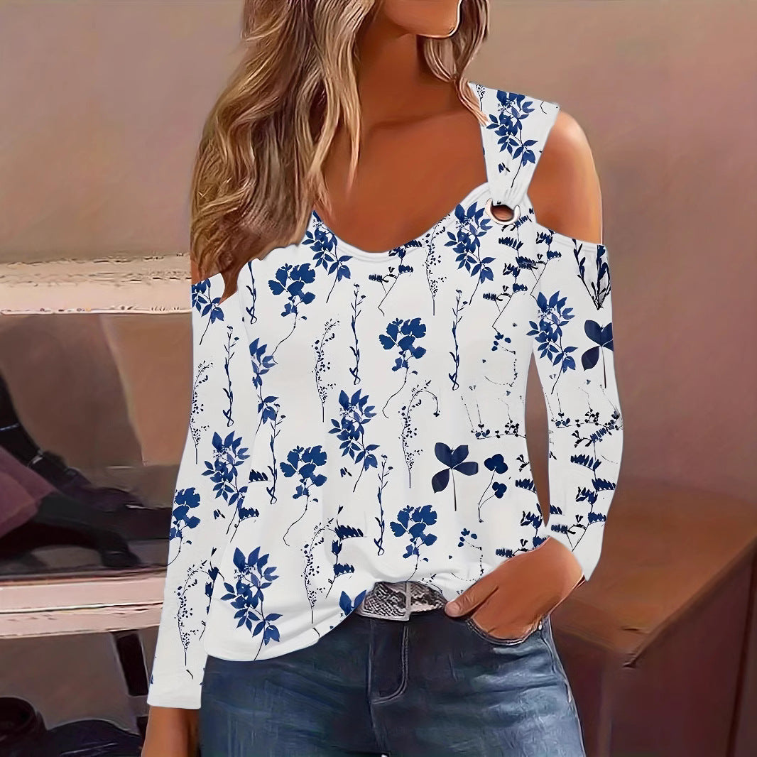 Damen Elegantes Langarmshirt mit kühlem Schulterdesign und floralem Druck R&B