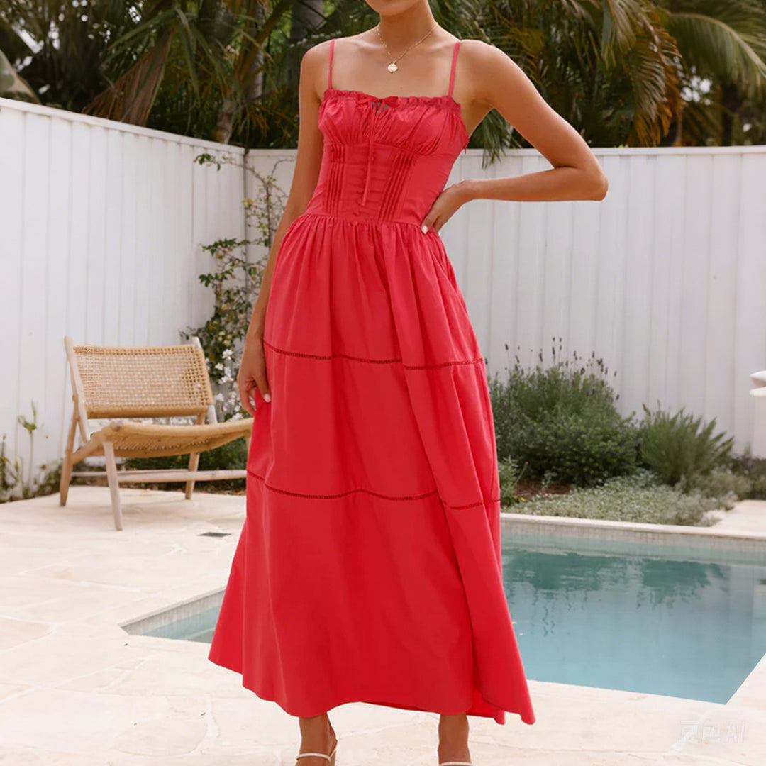 Damen Maxi-Kleid mit gerafftem Oberteil und verstellbaren Trägern R&B