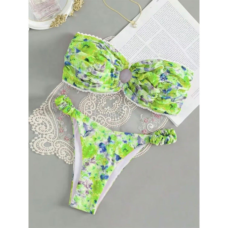 Damen Bandeau-Bikini mit romantischem Rüschendesign und verführerischem Blumenmuster R&B