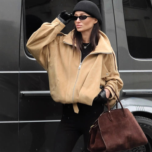 Damen Oversized Wildlederjacke mit asymmetrischem Schnitt und modischen Details R&B