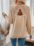 Damen nan Rippenstrick-Langarmshirt mit floraler Spitzenapplikation und markantem Rückenausschnitt R&B