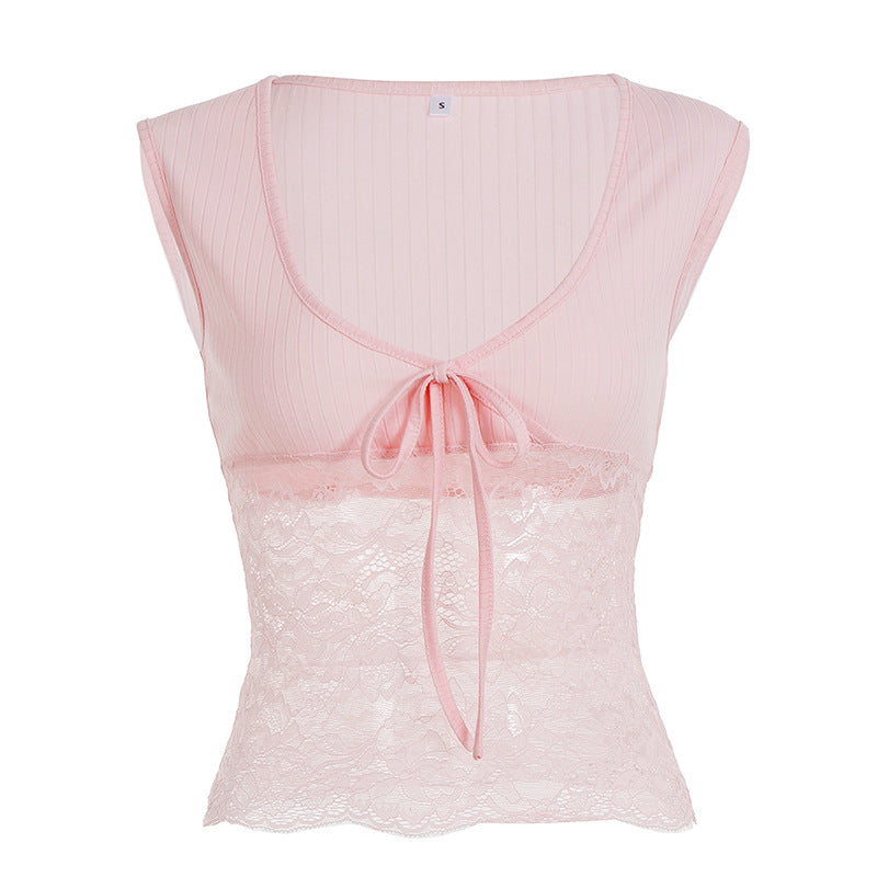Damen Spitze Crop Top mit BindR&Band und ärmellosem Design R&B