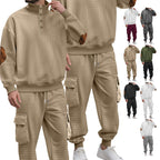 Herren nan Karo-Relief-Sweatset mit Stehkragen-Knopfleiste, Velours-Ellenbogenpatches und Cargo-Jogger R&B