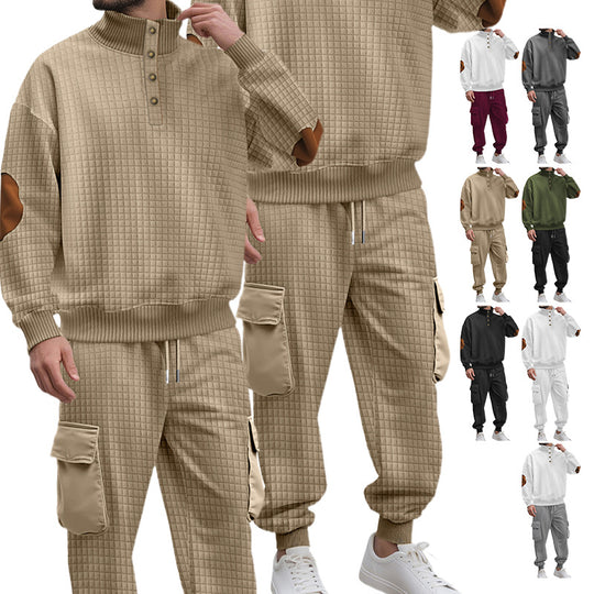 Herren nan Karo-Relief-Sweatset mit Stehkragen-Knopfleiste, Velours-Ellenbogenpatches und Cargo-Jogger R&B