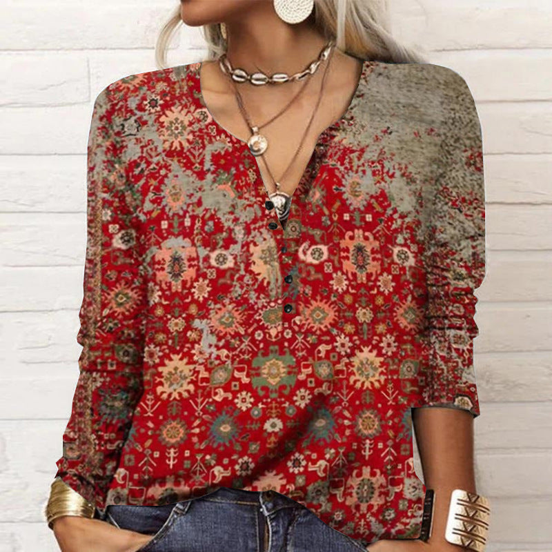 Damen langärmliges Casual-Shirt mit verspieltem Muster R&B