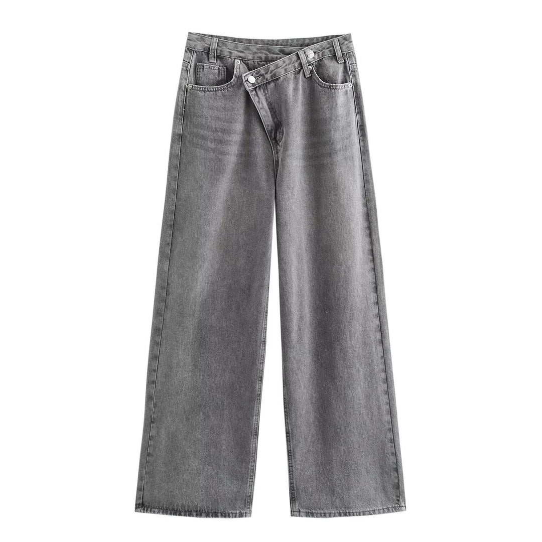 Damen weit geschnittene Jeans mit asymmetrischem Knopfverschluss und hohen Taillen R&B