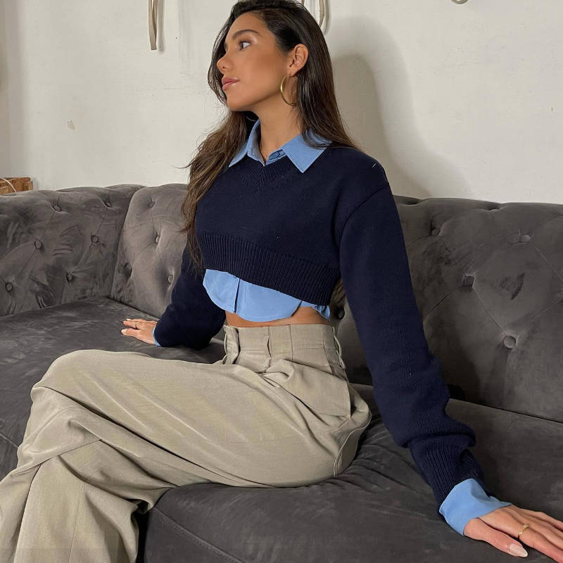 Damen Cropped Pullover mit V-Ausschnitt und langen Ärmeln R&B