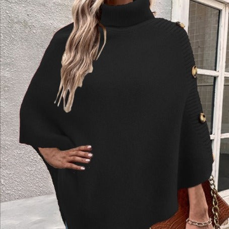 Damen Strick-Poncho mit hohem Kragen und Knopfdetails R&B