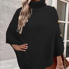 Damen Strick-Poncho mit hohem Kragen und Knopfdetails R&B