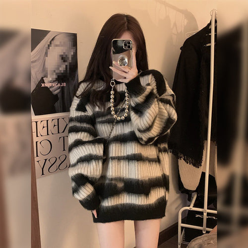 Damen Grobstrickpullover mit modernem Blockstreifenmuster und lockerer Passform R&B