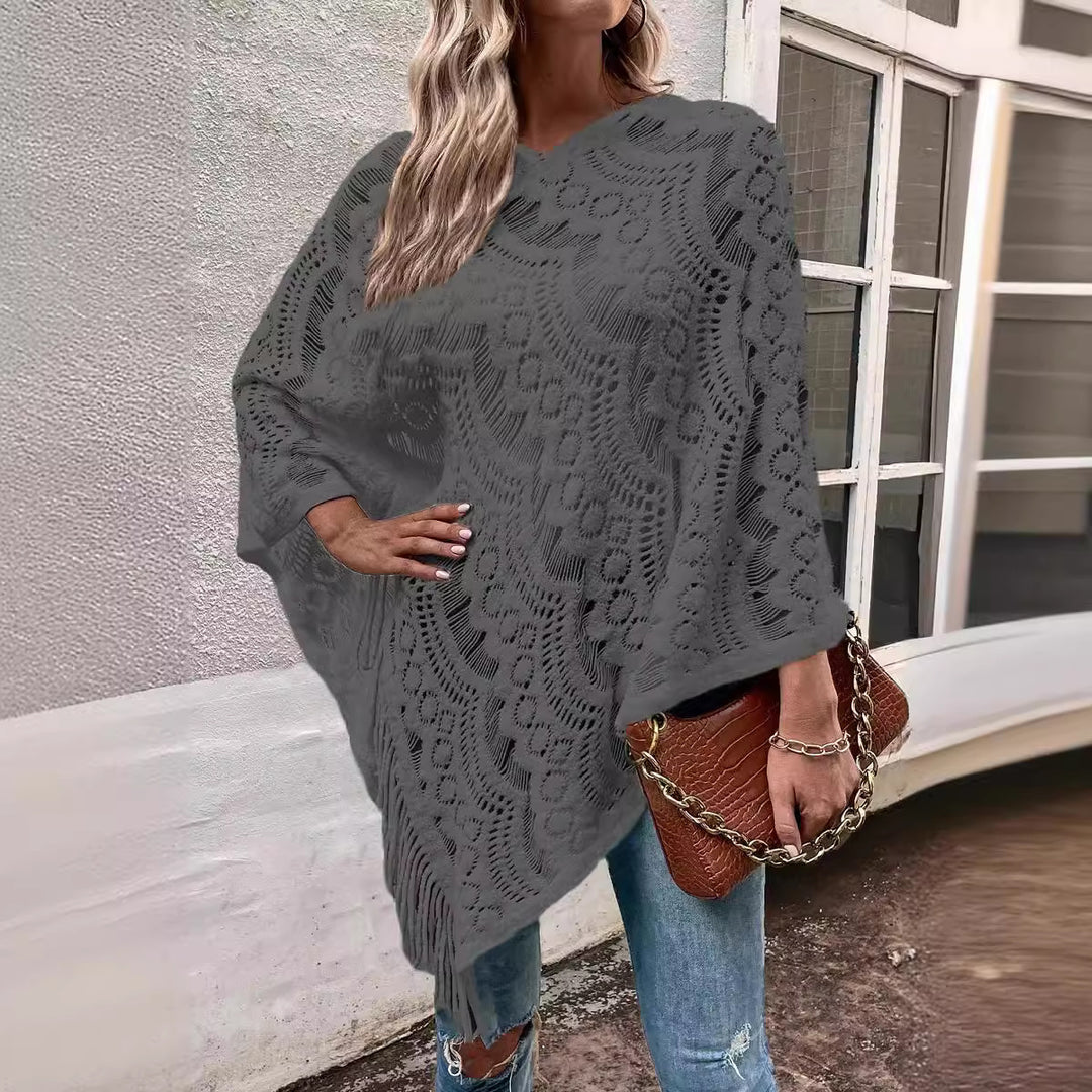 Damen Strickponcho mit auffälligem Häkelmuster und modischen Fransen R&B