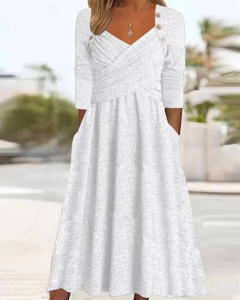 Damen nan legeres Strick-Maxikleid mit Wickeloberteil V-Ausschnitt Eingrifftaschen und Zierknopfleiste R&B