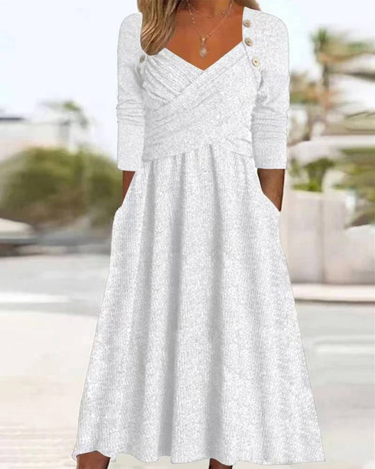 Damen nan legeres Strick-Maxikleid mit Wickeloberteil V-Ausschnitt Eingrifftaschen und Zierknopfleiste R&B