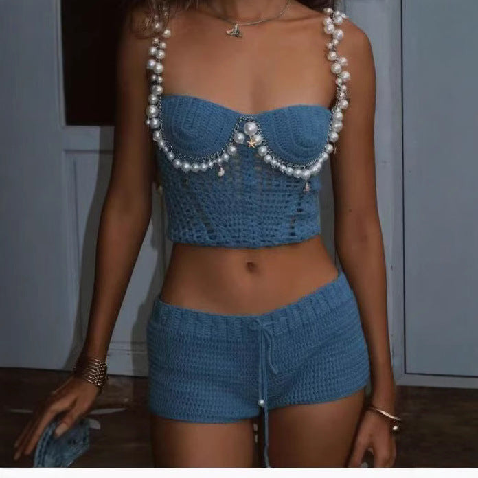 Damen Kuscheliges Häkeloberteil mit perlenbesetztem Träger und Shorts R&B