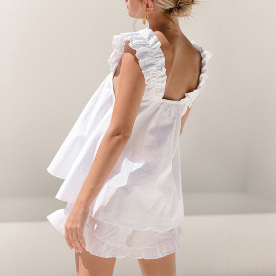 Damen luftiges Top mit Rüschendetails und lässigen Shorts R&B