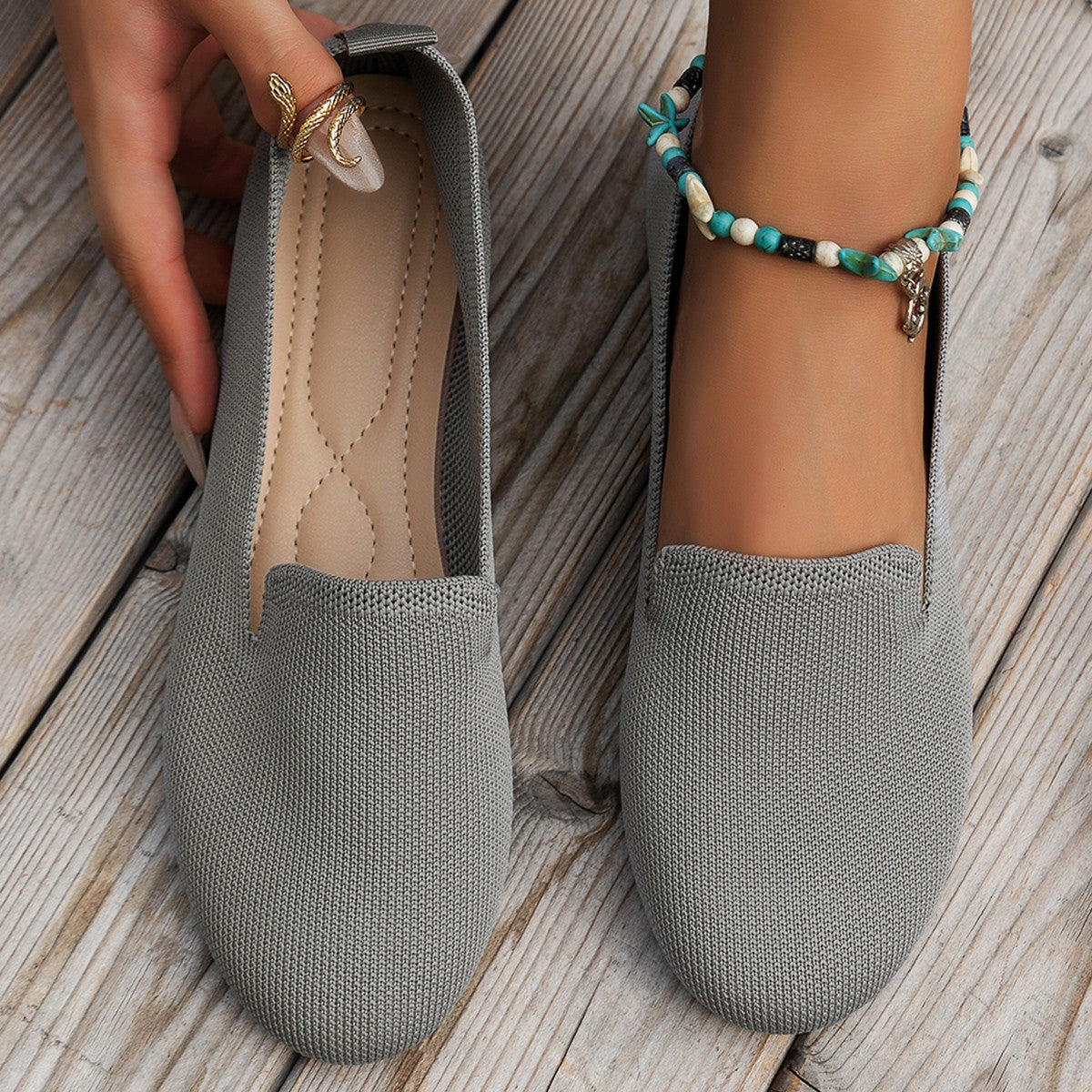 Damen Slip-On Ballerinas aus atmungsaktivem Strickmaterial mit rutschfester Sohle R&B