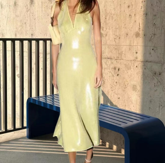 Damen Elegantes Midi-Kleid mit schimmerndem Obermaterial und V-Ausschnitt R&B