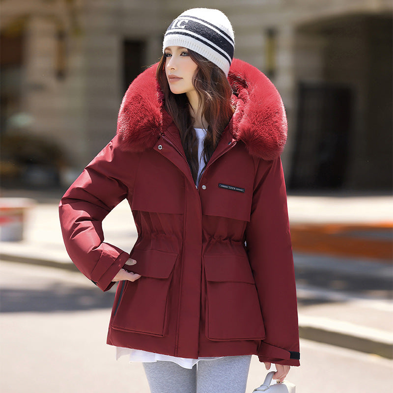 Damen Elegante und warme Winterjacke mit abnehmbarem Kunstfellkragen und praktischen Taschen R&B