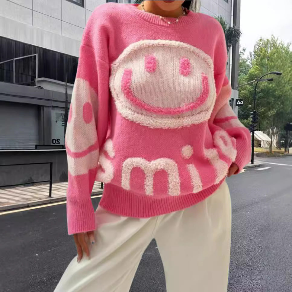 Damen Strickpullover mit fröhlichem Emoji-Motiv und komfortablem Schnitt R&B
