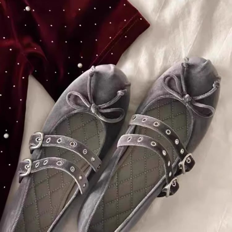 Damen Ballerina-Schuhe mit dekorativer Schleifenapplikation und doppeltem Riemendesign R&B