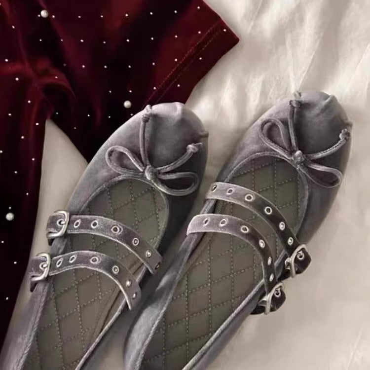 Damen Ballerina-Schuhe mit dekorativer Schleifenapplikation und doppeltem Riemendesign