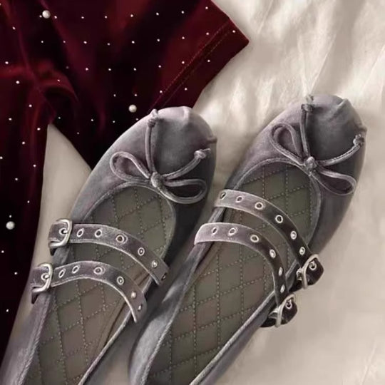 Damen Ballerina-Schuhe mit dekorativer Schleifenapplikation und doppeltem Riemendesign R&B