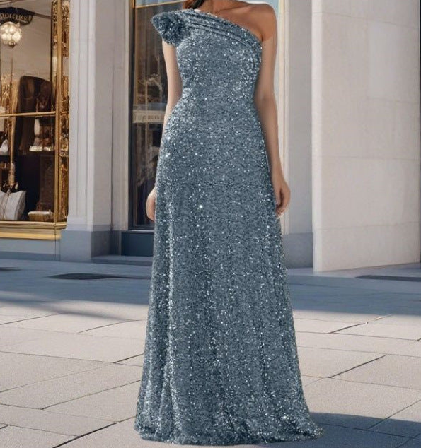 Damen Glamouröses Maxikleid mit schulterfreiem Design und funkelnden Pailletten R&B