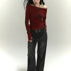 Damen Langarmshirt mit asymmetrischem Ausschnitt und grafischem Druck