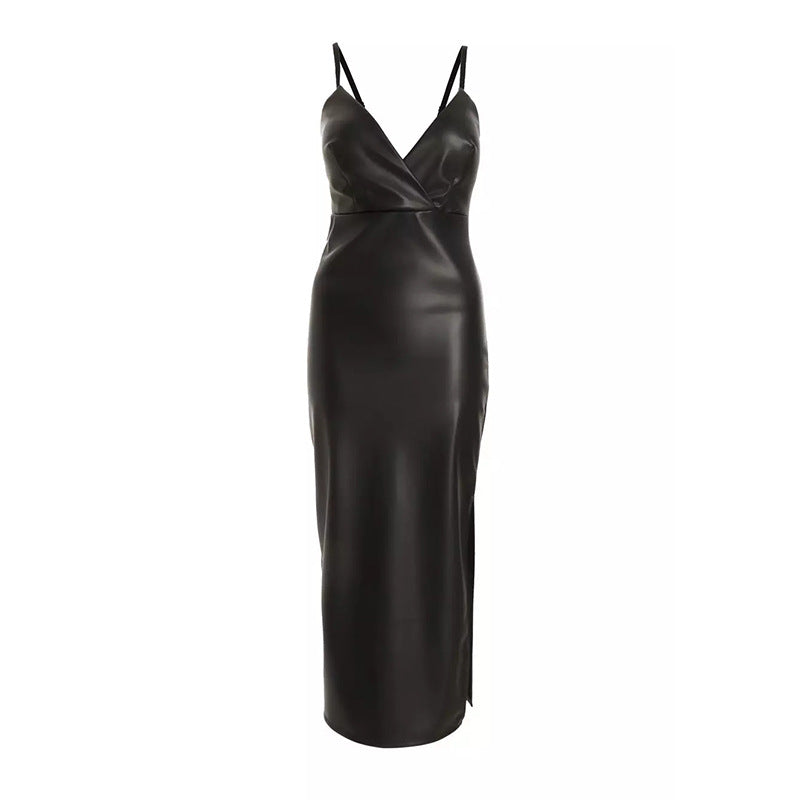 Damen Figurumspielendes Kunstleder-Midikleid mit tiefem V-Ausschnitt und seitlichem Schlitz R&B