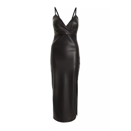 Damen Figurumspielendes Kunstleder-Midikleid mit tiefem V-Ausschnitt und seitlichem Schlitz R&B