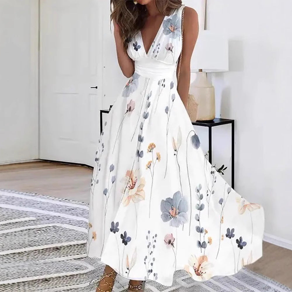 Damen Blumiges A-Linien Maxikleid mit V-Ausschnitt und eleganten Trägern R&B