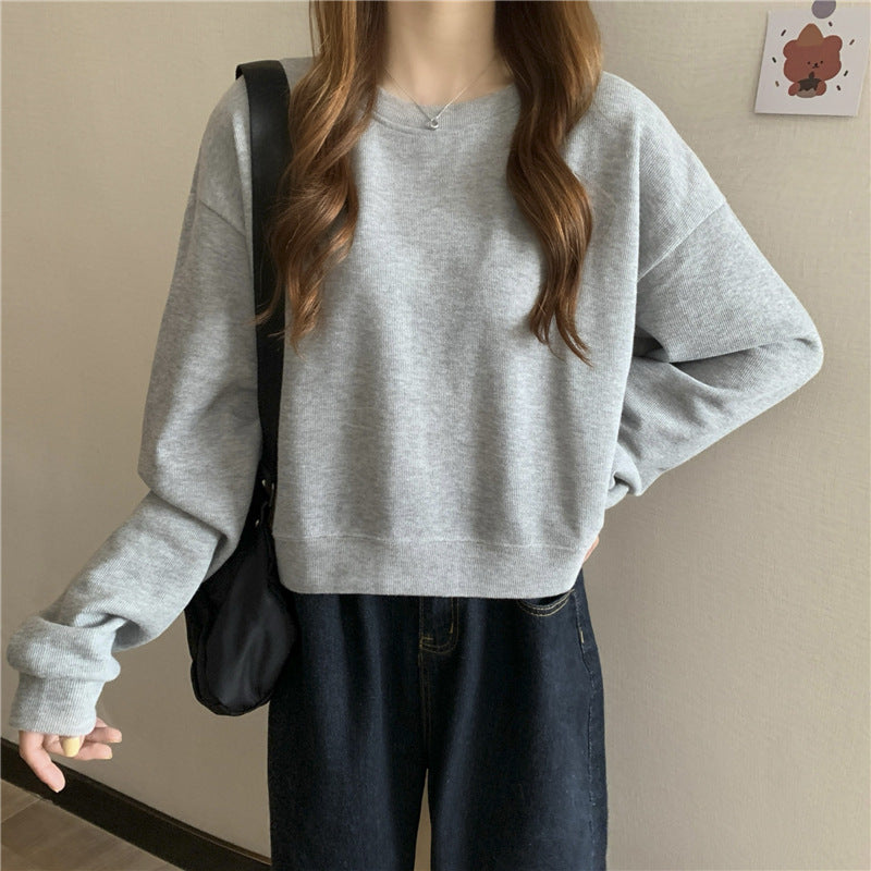 Damen lässiger cropped Pullover aus weichem Baumwollmix mit modischem Rundhalsausschnitt